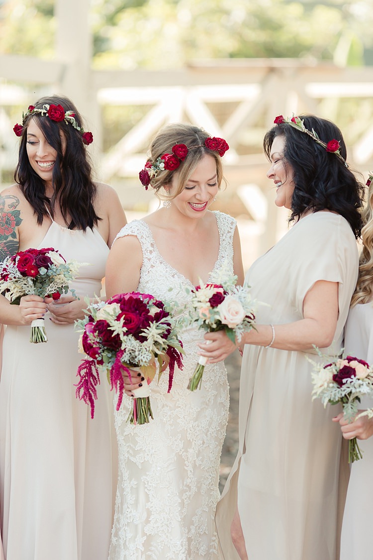 Bride Lace V Neck Bridal Gown Red Maroon Rose Floral Crown Bouquet Red Pink Cream Rose Garden Rose Amaranth Bridesmaids Cream Dresses Rose Floral Crowns Luxe Outdoor Garden Wedding in California http://figlewiczphotography.com/