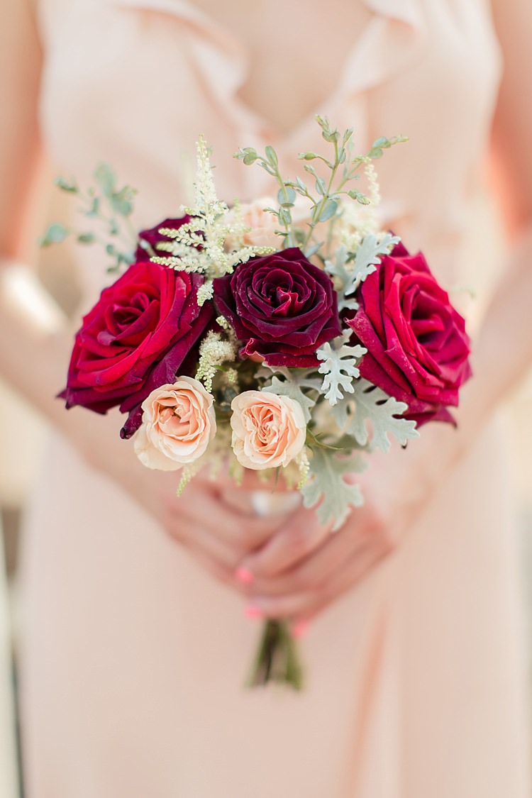 Bridesmaid Bouquet Red Maroon Cream Roses Cream Frilly Dress Luxe Outdoor Garden Wedding in California http://figlewiczphotography.com/