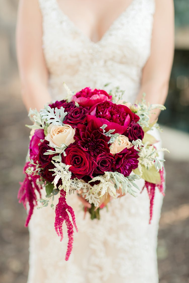 Bride V Neck Lace Bridal Gown Bouquet Red Cream Pink Rose Garden Rose Amaranth Florals Luxe Outdoor Garden Wedding in California http://figlewiczphotography.com/