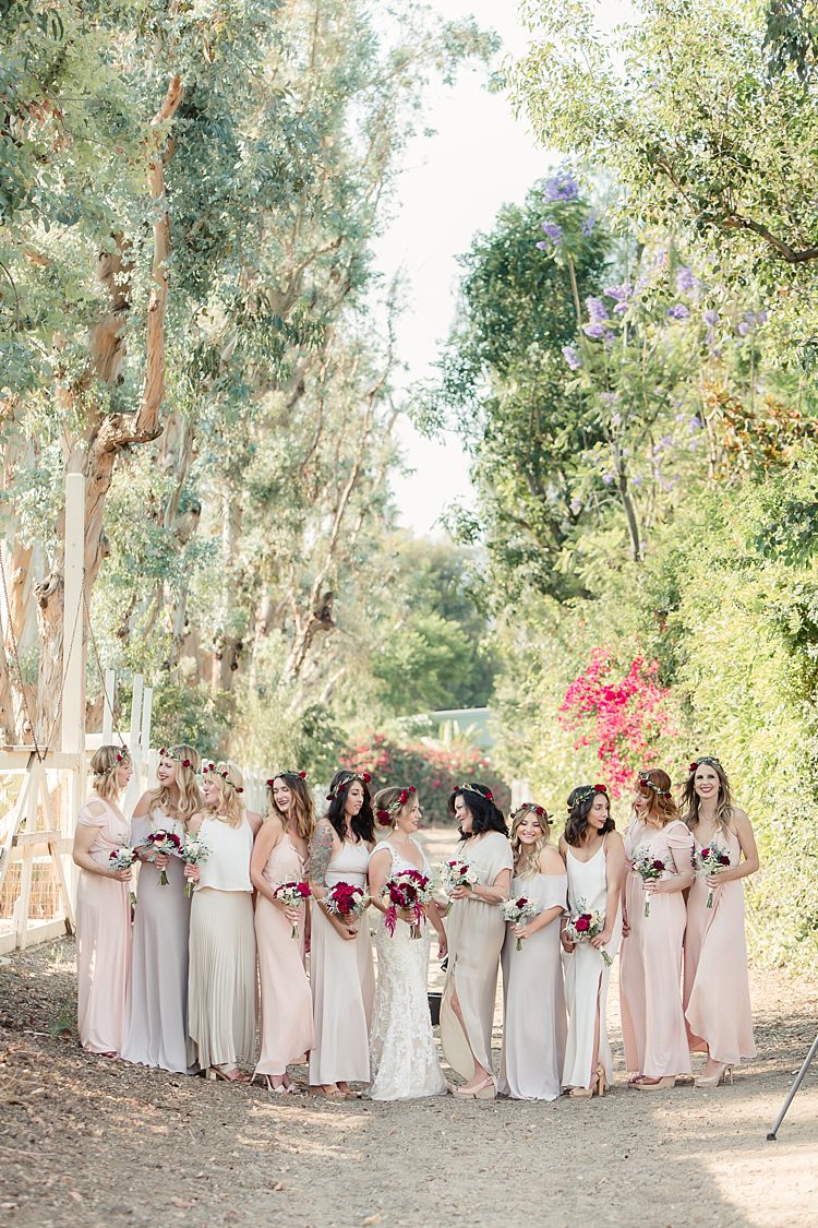 Bride Lace V Neck Bridal Gown Red Maroon Rose Floral Crown Bouquet Bridesmaids Cream Blush Dresses Rose Floral Crowns Luxe Outdoor Garden Wedding in California http://figlewiczphotography.com/