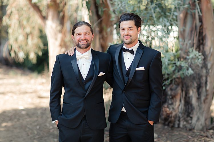 Groom Black Suit White Shirt Bowtie Pocket Square Groomsmen Black Suit Black Bowtie Luxe Outdoor Garden Wedding in California http://figlewiczphotography.com/