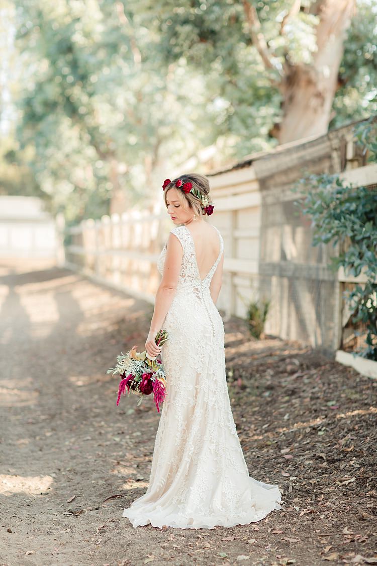 Bride Lace V Neck Low Back Buttons Bridal Gown Red Maroon Rose Floral Crown Bouquet Red Pink Cream Rose Garden Rose Amaranth Luxe Outdoor Garden Wedding in California http://figlewiczphotography.com/