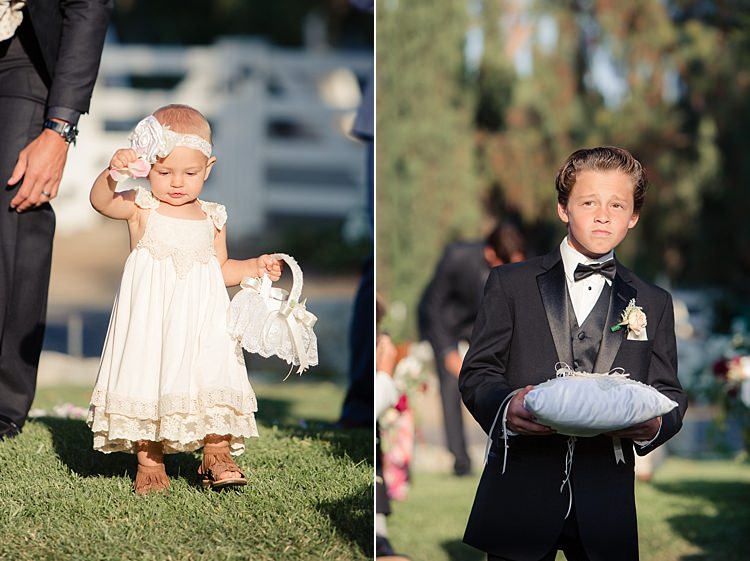 Flower Girl White Lace Dress Flower Headband Decorated Basket Pageboy Black Suit Black Bowtie Ring Pillow Luxe Outdoor Garden Wedding in California http://figlewiczphotography.com/