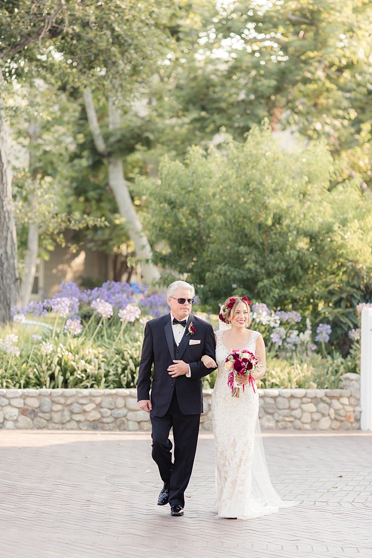 Outdoor Ceremony Bride Lace V Neck Bridal Gown Red Maroon Rose Flower Crown Bouquet Red Maroon Pink Cream Roses Garden Rose Amaranth Father Entrance Luxe Outdoor Garden Wedding in California http://figlewiczphotography.com/