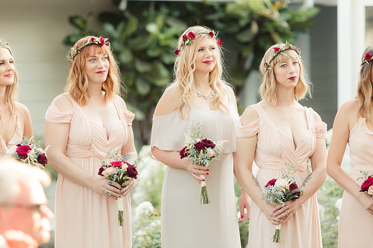 Bridesmaids Cream Blush Dresses Red Rose Floral Crowns Bouquets Maroon Red Cream Roses Luxe Outdoor Garden Wedding in California http://figlewiczphotography.com/
