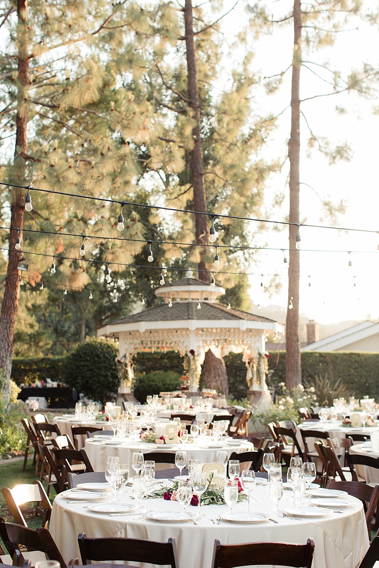 Outdoor Ceremony Table Settings Fresh Floral Centrepieces Gold Glitter Table Numbers Decorated Gazebo Hanging Fairy Lights Luxe Outdoor Garden Wedding in California http://figlewiczphotography.com/