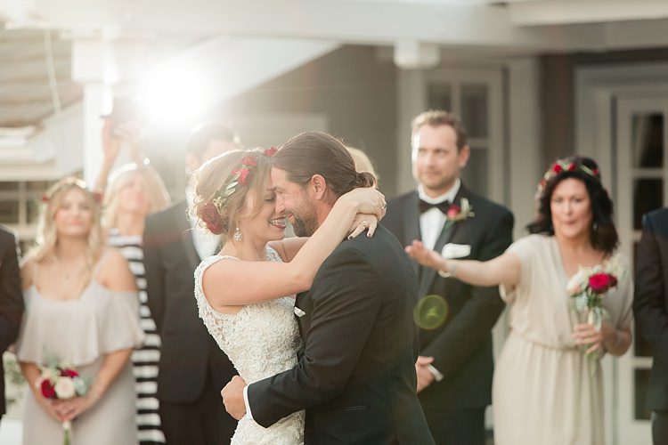 Bride Lace V Neck Bridal Gown Red Maroon Rose Floral Crown Groom Black Suit Bridesmaids Cream Dresses Rose Floral Crowns Groomsmen Black Suits Black Bowties Sunset Luxe Outdoor Garden Wedding in California http://figlewiczphotography.com/