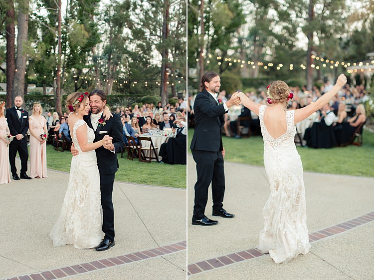 Outdoor Reception Bride Lace V Neck Bridal Gown Red Maroon Rose Floral Crown Groom Black Suit White Bowtie Red Rose Buttonhole Dancing Hanging Fairy Lights Guests Luxe Outdoor Garden Wedding in California http://figlewiczphotography.com/