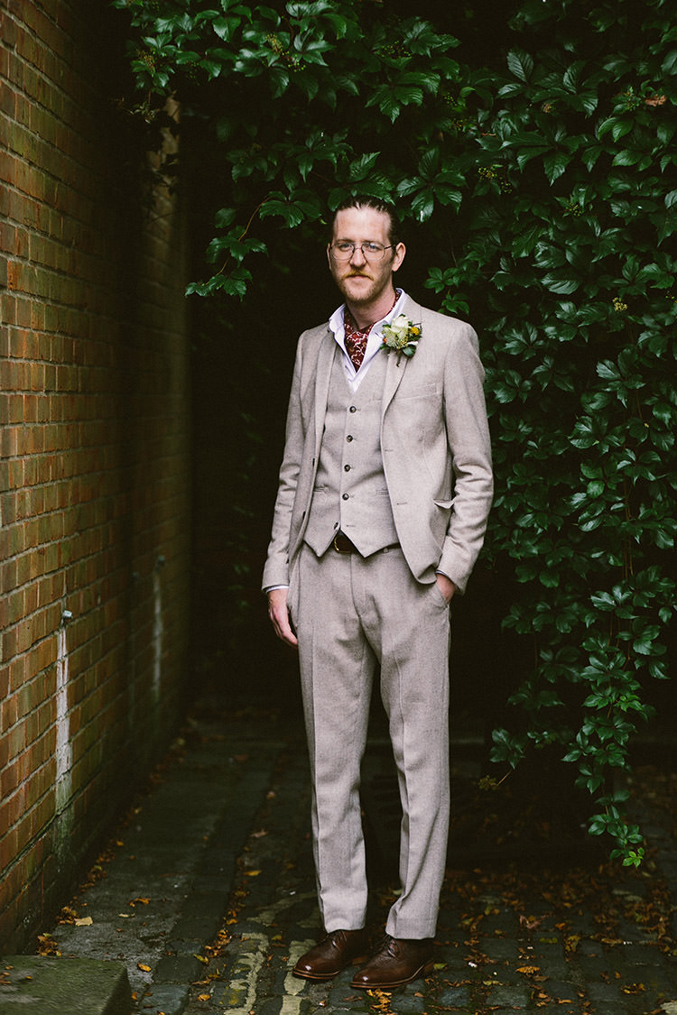 Groom Grey Suit Cravat Glasses Small Vintage City Wedding http://www.sarahlondonphotography.co.uk/