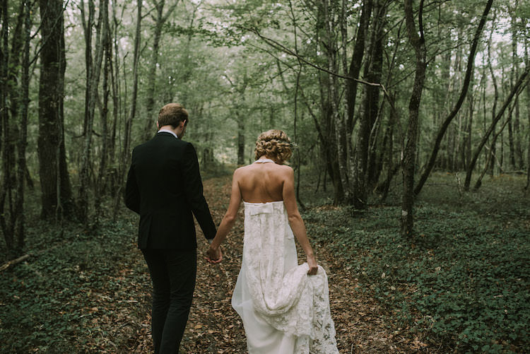 Bride Lace Halter-Neck Bridal Gown Long Train Floral Crown Groom Black Jacket Pants Organic Woodland Elopement Wedding Ideas http://www.miraalpajarito.es/