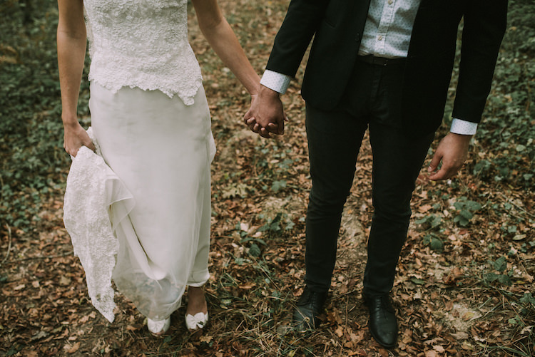 Bride Lace Halter-Neck Bridal Gown Long Train Bow Shoes Groom Black Jacket White Polka Dot Shirt Autumn Leaves Organic Woodland Elopement Wedding Ideas http://www.miraalpajarito.es/