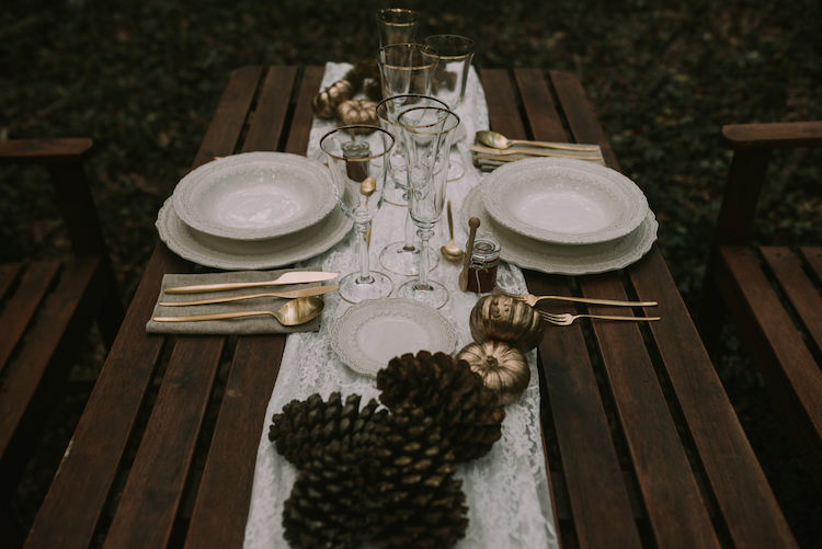 Reception Wooden Table Setting Lace Runner Gold Cutlery Pumpkins Pinecones Organic Woodland Elopement Wedding Ideas http://www.miraalpajarito.es/