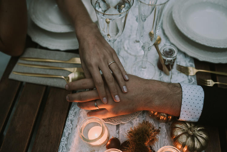Bride Groom Wedding Bands Lace Table Runner Gold Cutlery Candles Pumpkins Organic Woodland Elopement Wedding Ideas http://www.miraalpajarito.es/