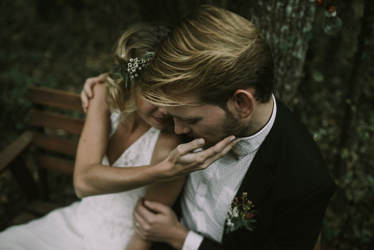 Bride Lace Halter-Neck Bridal Gown Floral Crown Groom Black Jacket White Polkadot Shirt Floral Buttonhole Organic Woodland Elopement Wedding Ideas http://www.miraalpajarito.es/