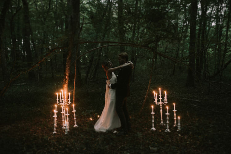 Bride Lace Halter-Neck Bridal Gown Long Train Groom Black Jacket Wooden Bowtie Candlesticks Dancing Organic Woodland Elopement Wedding Ideas hhttp://www.miraalpajarito.es/