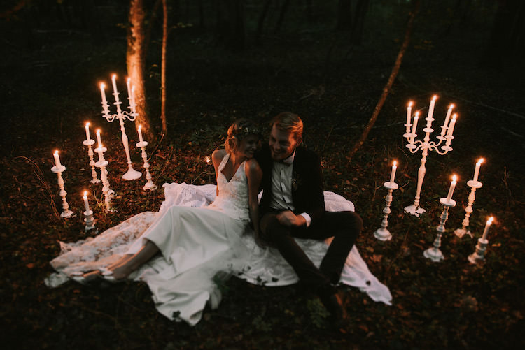 Bride Lace Halter-Neck Bridal Gown Long Train Floral Crown Groom Black Jacket White Polka Dot Shirt Wooden Bowtie Candlesticks Organic Woodland Elopement Wedding Ideas http://www.miraalpajarito.es/