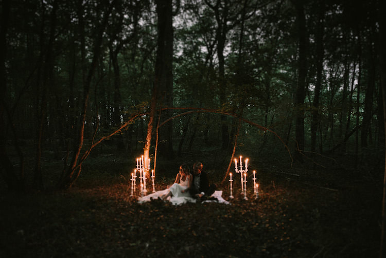 Bride Lace Halter-Neck Bridal Gown Long Train Floral Crown Groom Black Jacket White Polka Dot Shirt Wooden Bowtie Candlesticks Organic Woodland Elopement Wedding Ideas http://www.miraalpajarito.es/