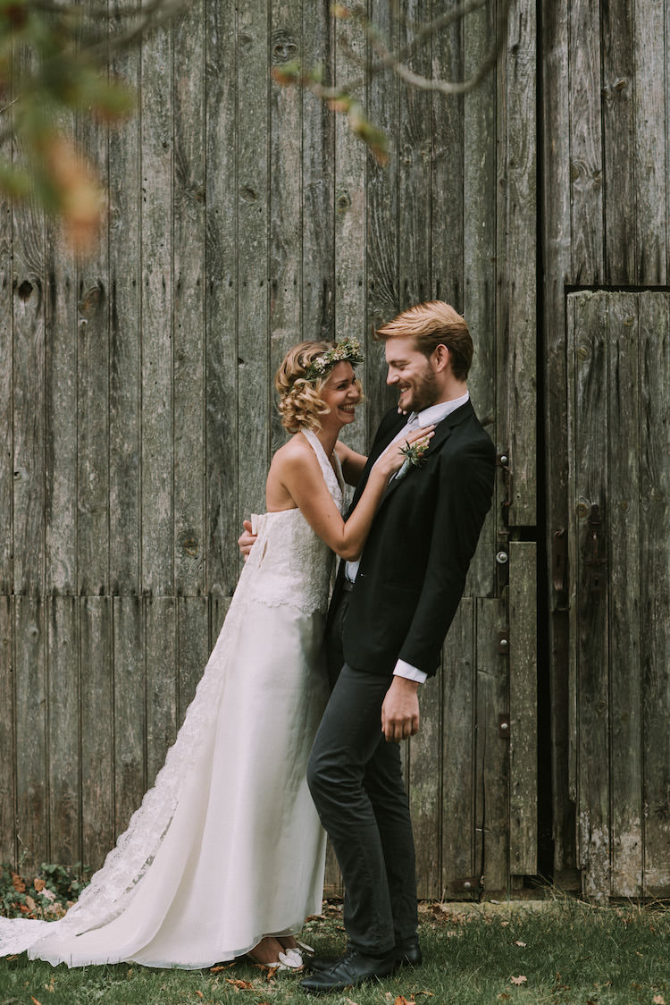 Bride Lace Halter-Neck Bridal Gown Long Train Floral Crown Bow Shoes Groom Black Jacket Polka Dot Shirt Organic Woodland Elopement Wedding Ideas http://www.miraalpajarito.es/