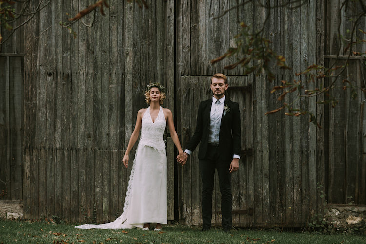 Bride Lace Halter-Neck Bridal Gown Long Train Floral Crown Bow Shoes Groom Black Jacket Polka Dot Shirt Wooden Barn Organic Woodland Elopement Wedding Ideas http://www.miraalpajarito.es/