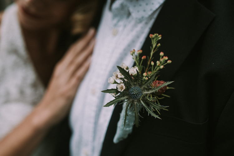 Groom Black Jacket Polka Dot Shirt Floral Buttonhole Thistle Organic Woodland Elopement Wedding Ideas http://www.miraalpajarito.es/