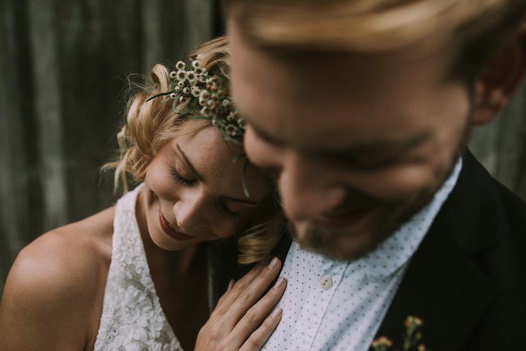 Bride Lace Halter-Neck Bridal Gown Floral Crown Groom Black Jacket Polka Dot Shirt Organic Woodland Elopement Wedding Ideas http://www.miraalpajarito.es/