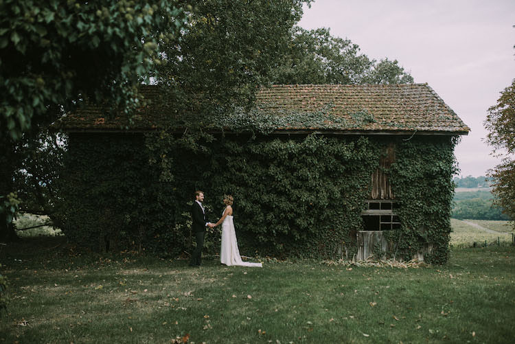 Bride Lace Halter-Neck Bridal Gown Long Train Floral Crown Bow Shoes Groom Black Jacket Polka Dot Shirt Wooden Barn Greenery Organic Woodland Elopement Wedding Ideas http://www.miraalpajarito.es/