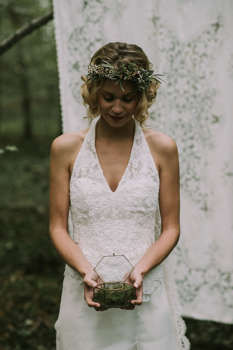 Bride Lace Halter-Neck Bridal Gown Long Train Floral Crown Gold Glass Container Wedding Bands White Backdrop Organic Woodland Elopement Wedding Ideas http://www.miraalpajarito.es/