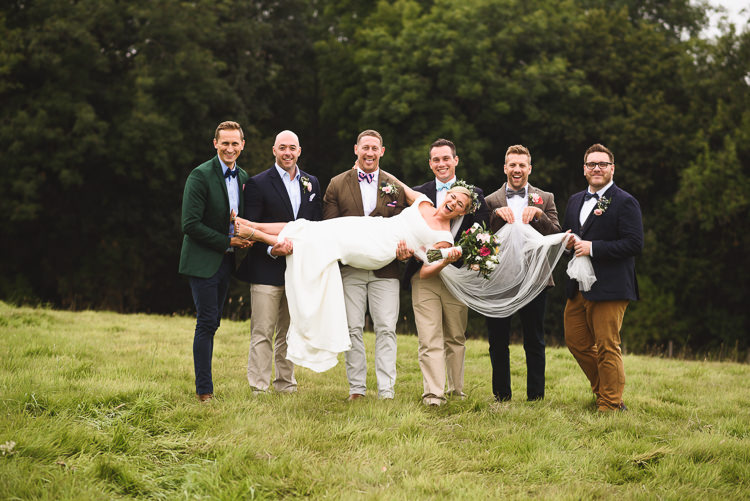 Groom Groomsmen Mismatched Jackets Chinos Bow Tie Colourful Outdoorsy Festival Tipi Wedding http://www.jacksonandcophotography.com/