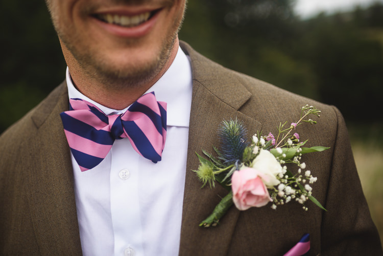 Bow Tie Groom Thistle Buttonhole Colourful Outdoorsy Festival Tipi Wedding http://www.jacksonandcophotography.com/