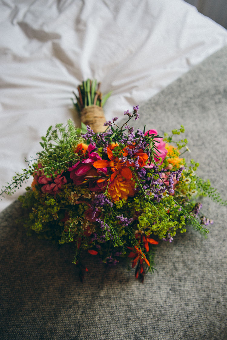Bouquet Orange Green Purple Bride Bridal Flowers Wild Natural Colourful Outdoorsy Tipi Wedding http://amybphotography.co.uk/
