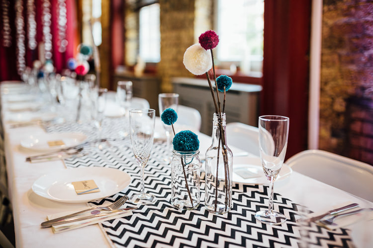 Pom Pom Wool Centrepieces Jars Decor Intimate Urban Foodie Wedding http://www.beatriciphotography.co.uk/