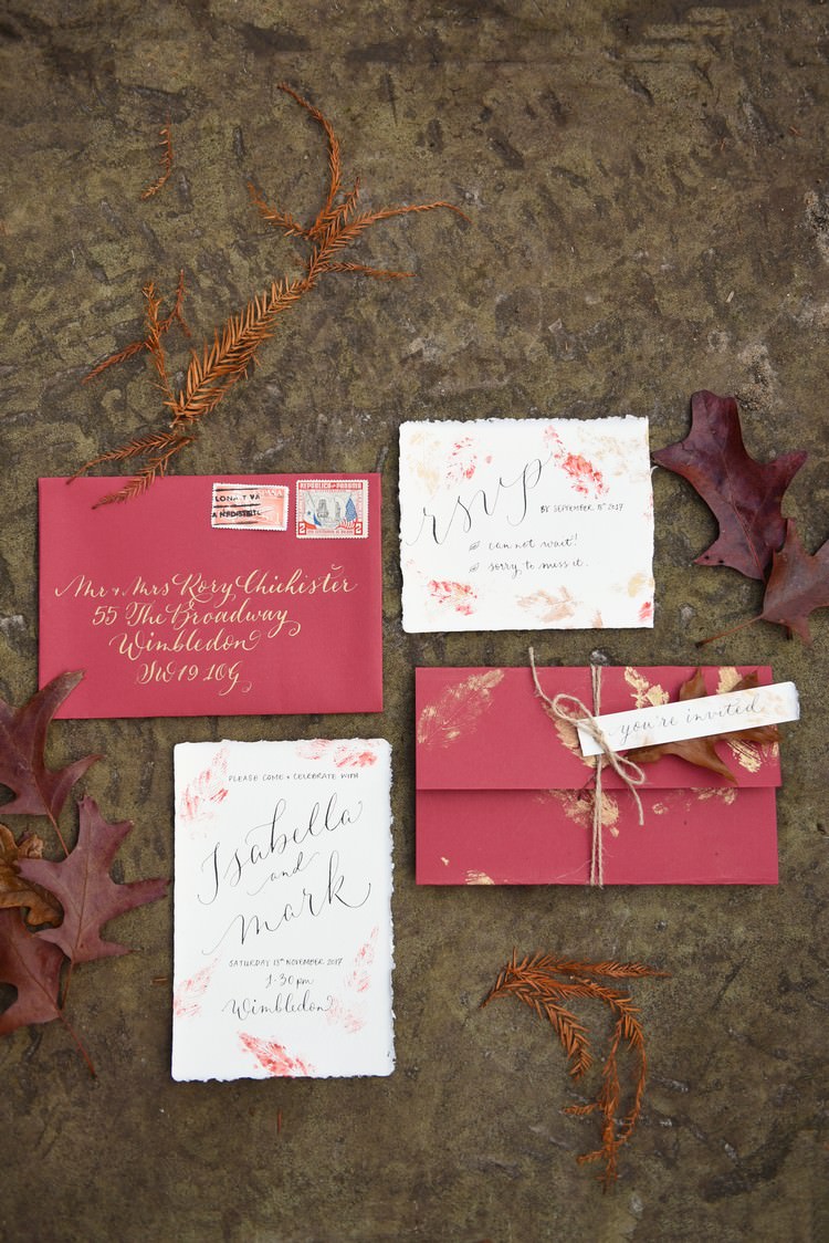 Stationery Invitations Red Whimsical Lettering Rich Autumn Park Wedding Ideas http://www.evatarnok.com/