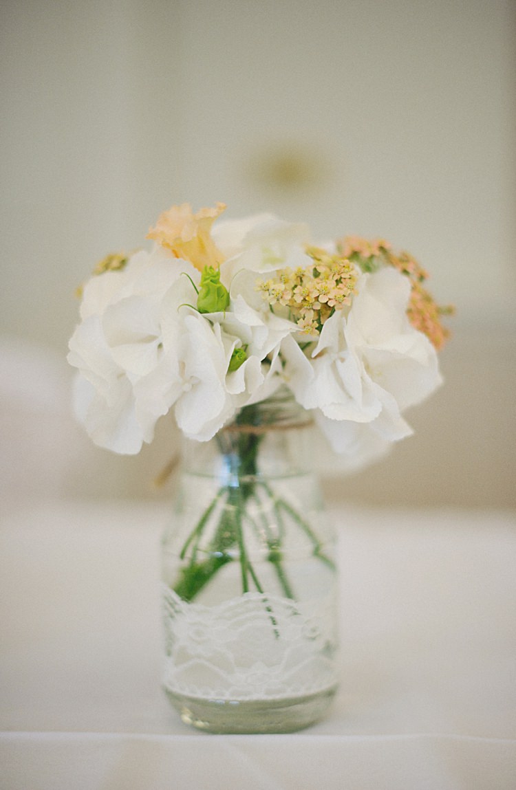 Lace Jar Flowers White Hydrangea Natural Peach Garden Wedding http://www.juliaandyou.co.uk/