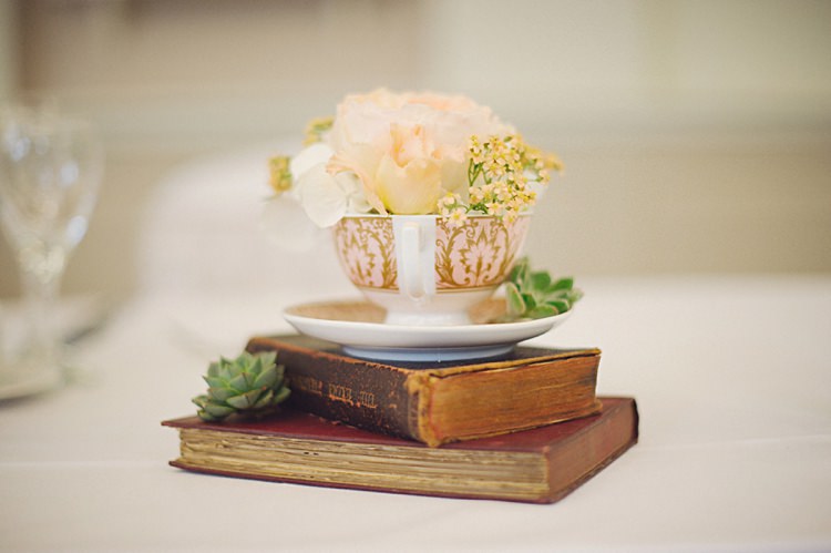 Books Tea Cup Flowers Decor Natural Peach Garden Wedding http://www.juliaandyou.co.uk/