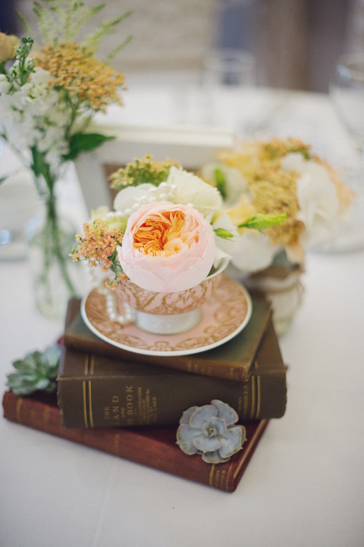 Rose Tea Cup Flower Books Decor Centrepiece Natural Peach Garden Wedding http://www.juliaandyou.co.uk/