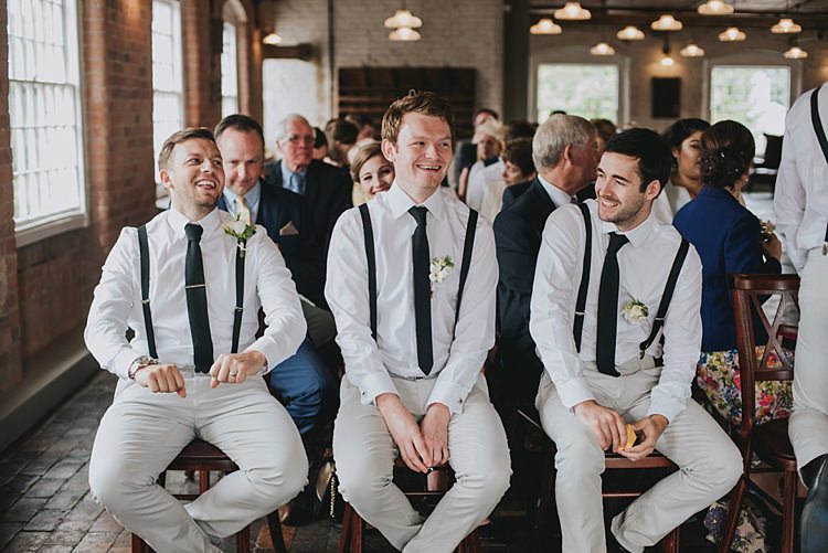 Ties Braces Grey Trousers Groomsmen Industrial Cool Mill Greenery Wedding http://www.beckyryanphotography.co.uk/