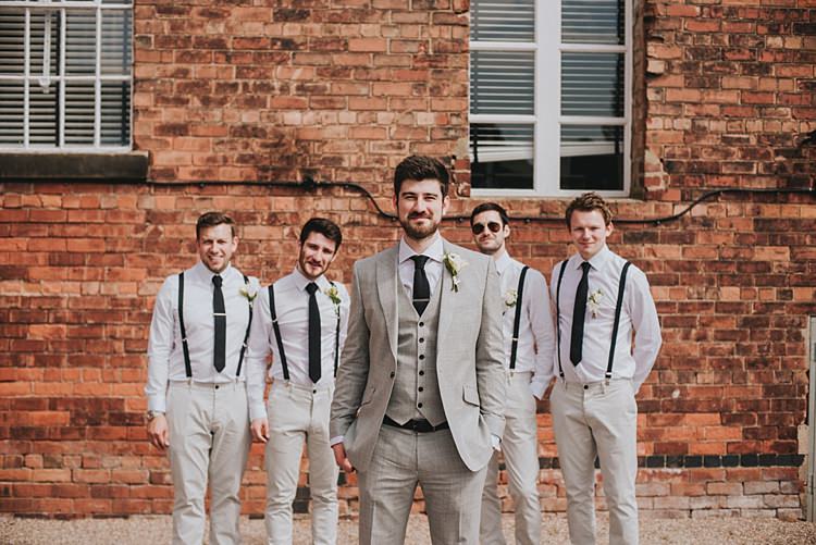 Grey Suit Black Tie Groom Suit Braces Groomsmen Industrial Cool Mill Greenery Wedding http://www.beckyryanphotography.co.uk/