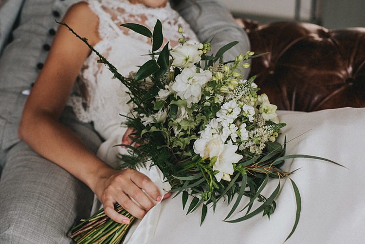 White Flowesr Bouquet Foliage Bride Bridal Industrial Cool Mill Greenery Wedding http://www.beckyryanphotography.co.uk/
