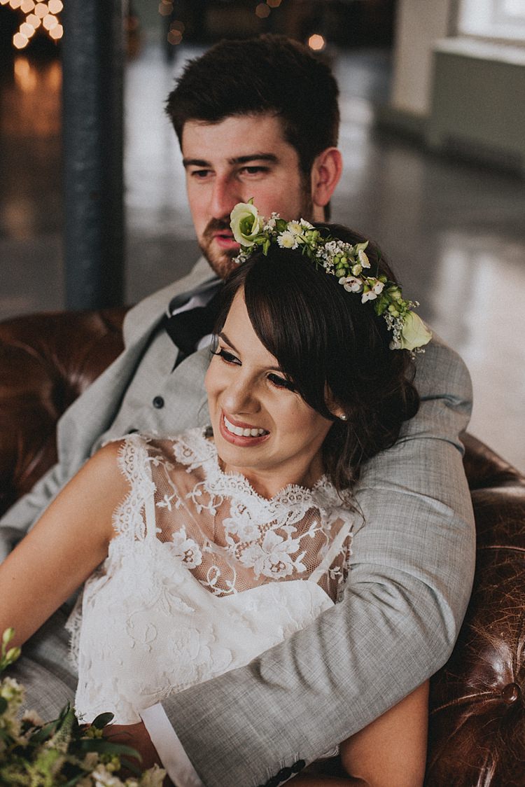 Flower Crown Bride Bridal Fringe Bangs Industrial Cool Mill Greenery Wedding http://www.beckyryanphotography.co.uk/