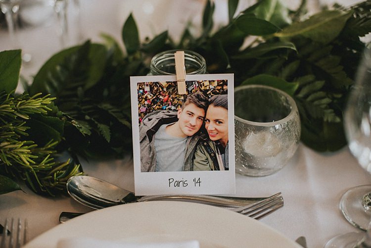 Polariod Table Names Industrial Cool Mill Greenery Wedding http://www.beckyryanphotography.co.uk/