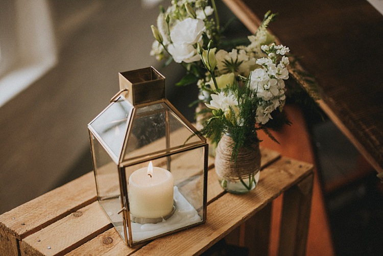 Jar Flowers Candle Lantern Industrial Cool Mill Greenery Wedding http://www.beckyryanphotography.co.uk/