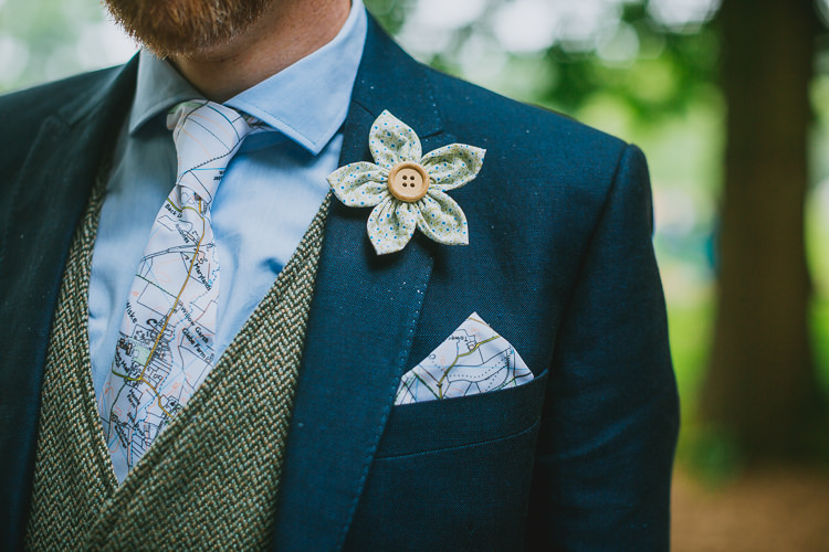 Fabric Flower Buttonhole Map Tie Groom Hand Crafted Camp Woodland Wedding http://bloomweddings.co.uk/