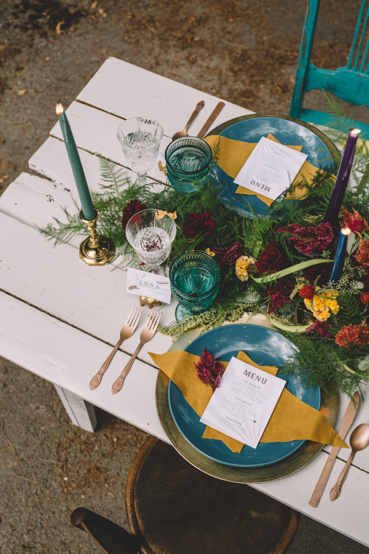 Tablescape Decor Flowers Place Setting Mint Mustard Boho Gypsy Vintage Circus Wedding Ideas http://www.oakwoodphotography.com/