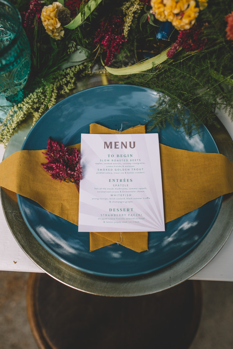 Place Setting Menu Mustard Mint Boho Gypsy Vintage Circus Wedding Ideas http://www.oakwoodphotography.com/