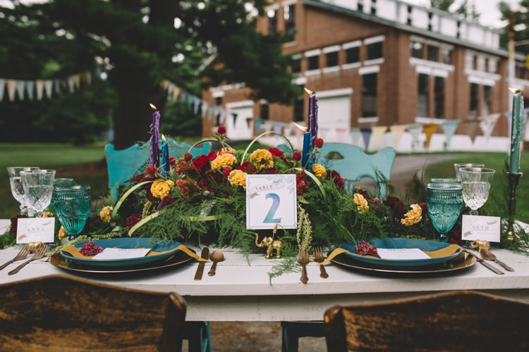 Tablescape Flowers Decor Yellow Red Boho Gypsy Vintage Circus Wedding Ideas http://www.oakwoodphotography.com/