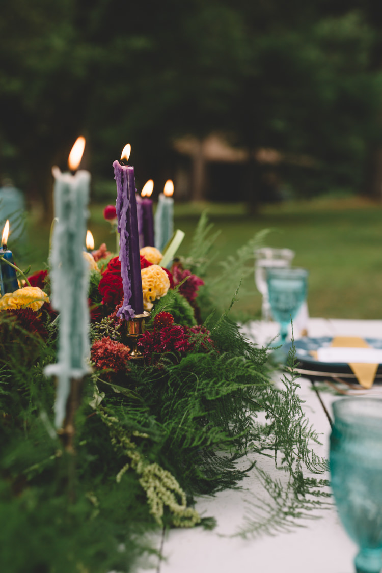Candles Foliage Greenery Flowers Table Decor Centrepiece Boho Gypsy Vintage Circus Wedding Ideas http://www.oakwoodphotography.com/