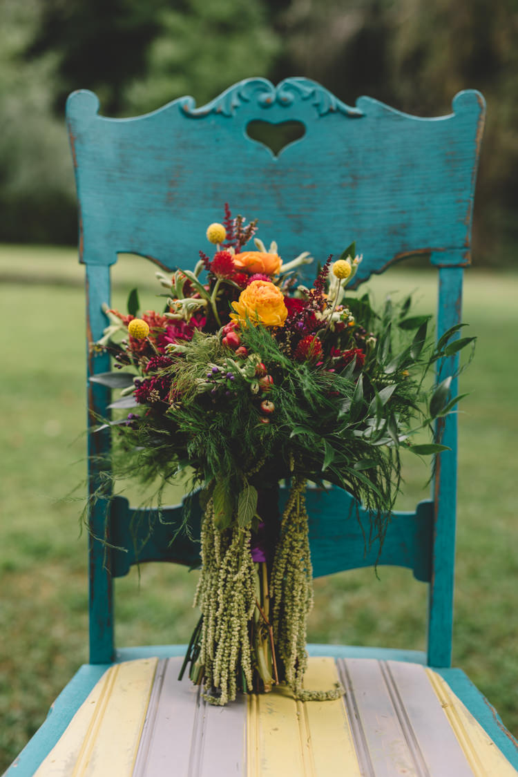 Bouquet Yellow Red Flowers Bride Bridal Boho Gypsy Vintage Circus Wedding Ideas http://www.oakwoodphotography.com/