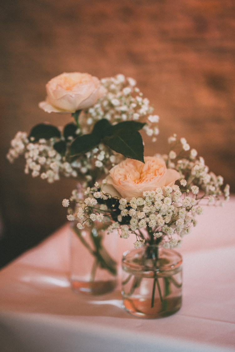 Rose Gypsophila Bottle Flowers Table Decor Pretty Peach Boho Wedding http://liamsmithphotography.com/