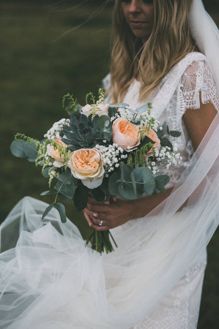 Bouquet Flowers Rose Gypsophila Eucalyptus Succulent Bride Bridal Pretty Peach Boho Wedding http://liamsmithphotography.com/