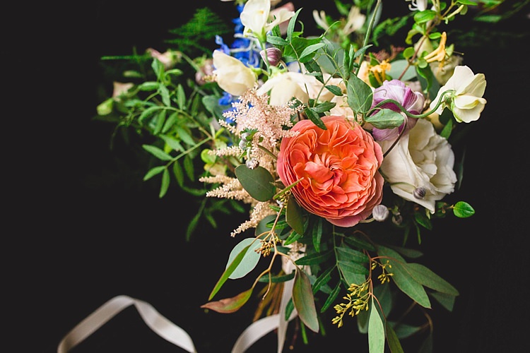 Bouquet Peach Coral Rose Greenery Bride Bridal Eclectic Foliage Edison Lights Wedding http://www.tobiahtayo.com/